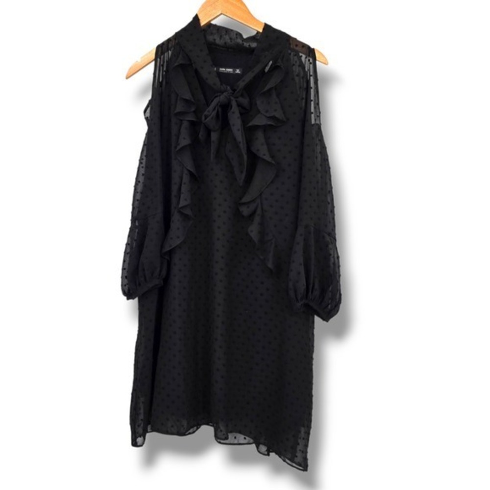 Zara Basic Swiss Dot Dress Cold Shoulder‎ Ruffle Tie Neck Black Size Medium